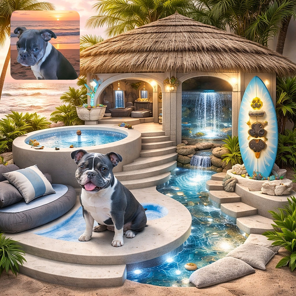 A charming bulldog puppy sits on the sandy beach during a stunning sunset, with palm trees framing the scene and the ocean waves gently rolling in the background.