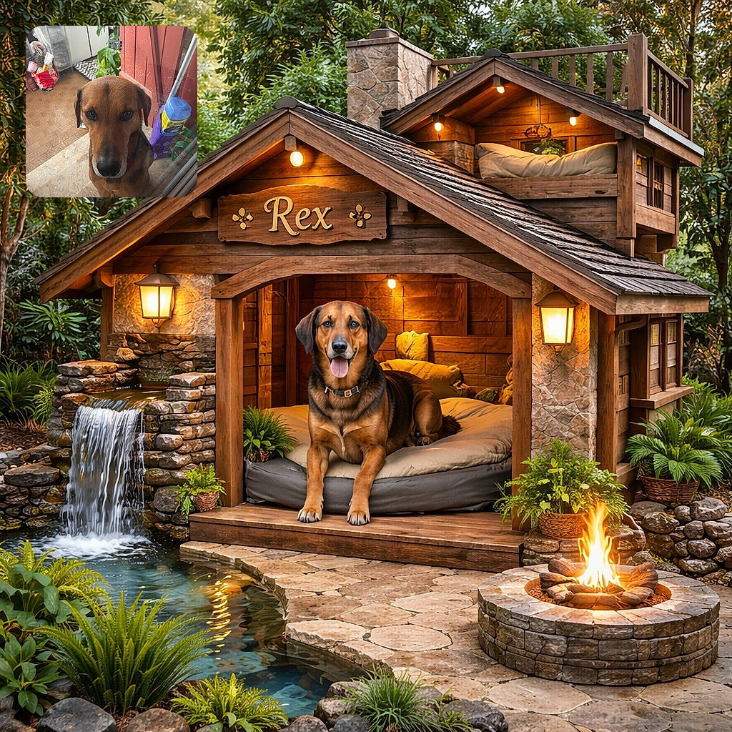 A soulful dog peers through a glass door with big, expressive eyes, surrounded by a cozy indoor setting cluttered with household items and a splash of greenery.