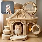 A fluffy, wide-eyed puppy with a pink nose is being held up against a plain gray wall, looking like a tiny, surprised cloud of fur with paws dangling in mid-air.