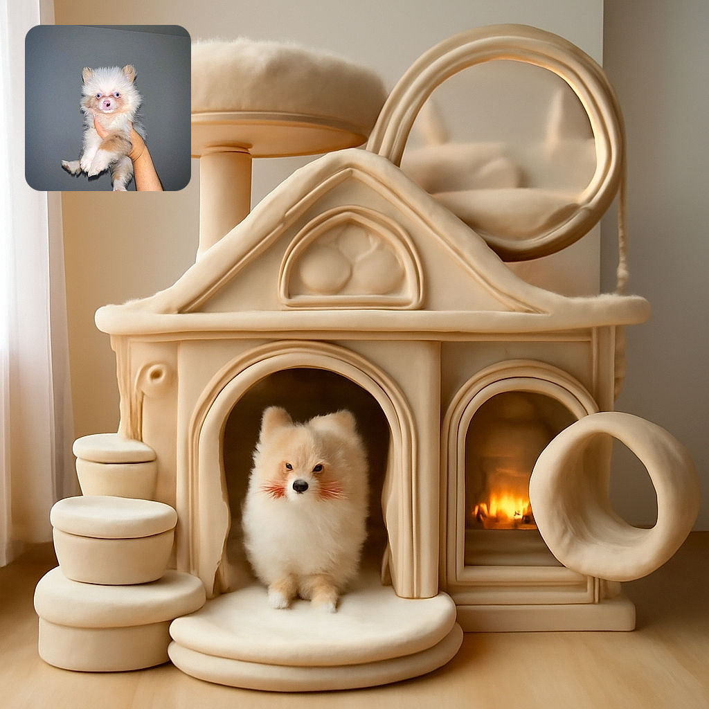 A fluffy, wide-eyed puppy with a pink nose is being held up against a plain gray wall, looking like a tiny, surprised cloud of fur with paws dangling in mid-air.