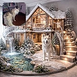 A fluffy husky dog stands indoors on a wooden floor, looking back towards the camera with one glowing green eye from the flash. The background shows kitchen cabinets, a shelf with various bottles, and some clutter, giving a cozy but slightly messy vibe. The photo includes a watermark and text overlay indicating it was shot on a Moto G Play in 2023.