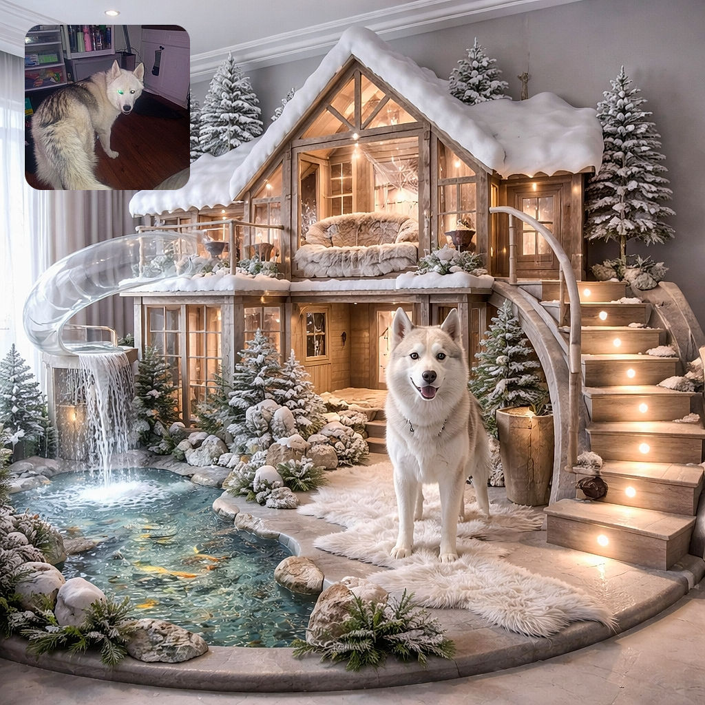 A fluffy husky dog stands indoors on a wooden floor, looking back towards the camera with one glowing green eye from the flash. The background shows kitchen cabinets, a shelf with various bottles, and some clutter, giving a cozy but slightly messy vibe. The photo includes a watermark and text overlay indicating it was shot on a Moto G Play in 2023.