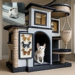 A curious little white and black spotted kitten sits neatly on a windowsill, gazing intently at the camera with wide, innocent eyes. The background shows a glass window and a tiled floor, giving a cozy indoor-outdoor vibe.