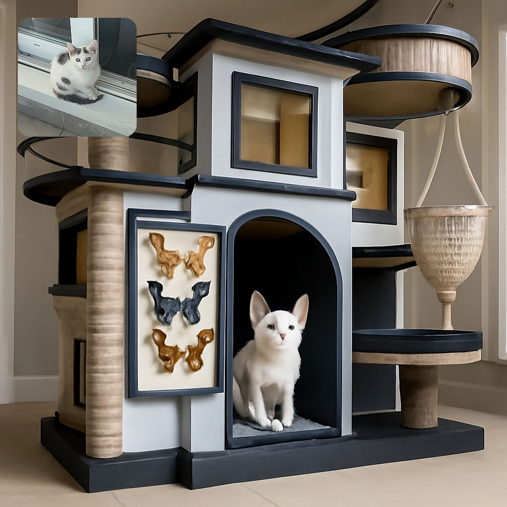 A curious little white and black spotted kitten sits neatly on a windowsill, gazing intently at the camera with wide, innocent eyes. The background shows a glass window and a tiled floor, giving a cozy indoor-outdoor vibe.