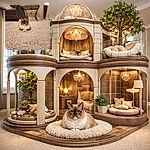 A regal fluffy cat loaf sits center-stage on a sea of carpet, eyes like twin blue saucers staring up with suspicious dignity while the living room melts into a dreamy bokeh — equal parts drama and nap-time.