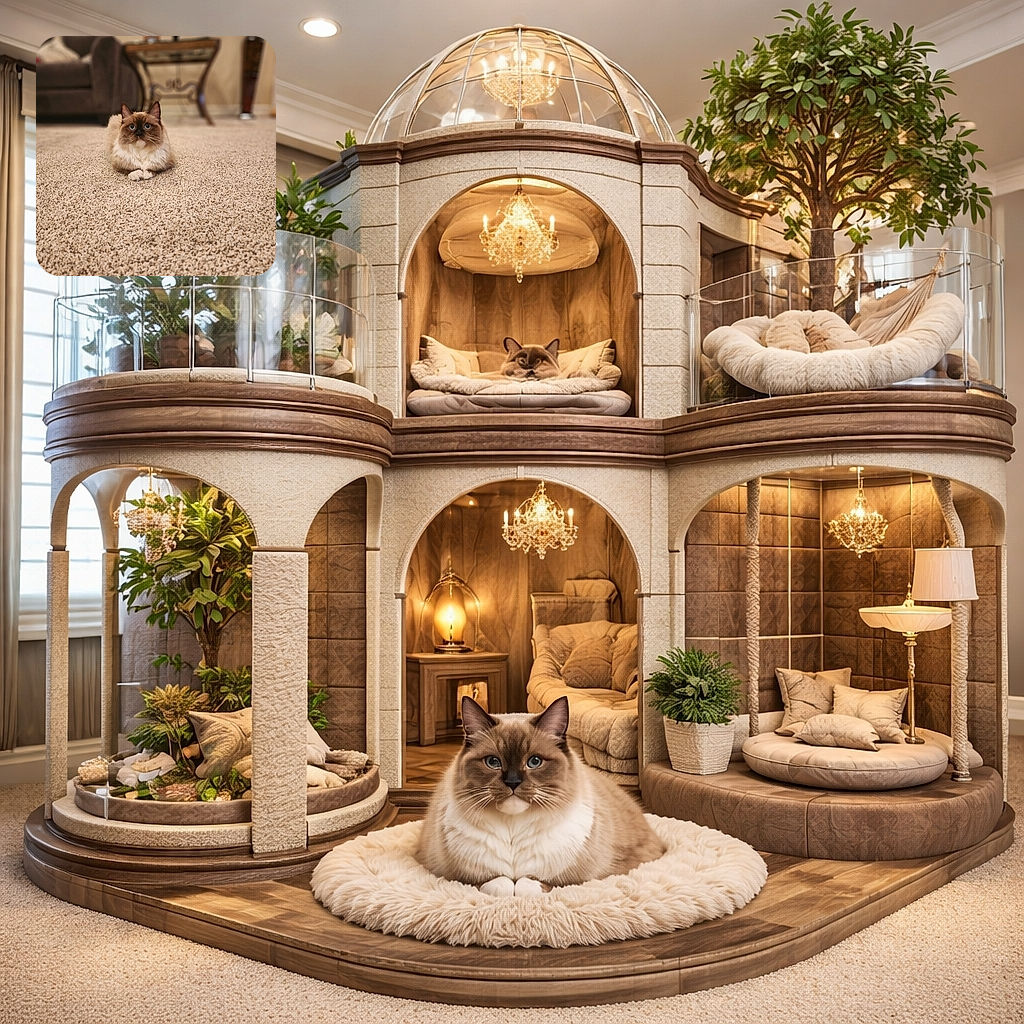 A regal fluffy cat loaf sits center-stage on a sea of carpet, eyes like twin blue saucers staring up with suspicious dignity while the living room melts into a dreamy bokeh — equal parts drama and nap-time.