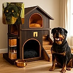 A close-up photo of a Rottweiler with soulful eyes sitting indoors in a kitchen setting, surrounded by everyday household items and warm lighting that gives a cozy vibe.