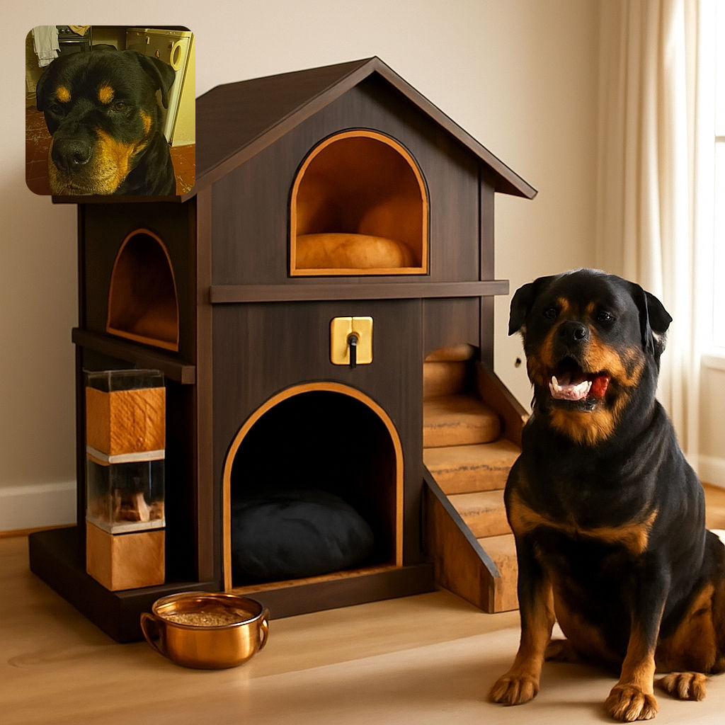 A close-up photo of a Rottweiler with soulful eyes sitting indoors in a kitchen setting, surrounded by everyday household items and warm lighting that gives a cozy vibe.