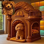 An adorable fluffy brown puppy with curly fur is nestled comfortably, looking straight at the camera with soulful eyes. The cozy setting and warm lighting highlight the pup's soft texture, making it look like the perfect cuddle buddy.