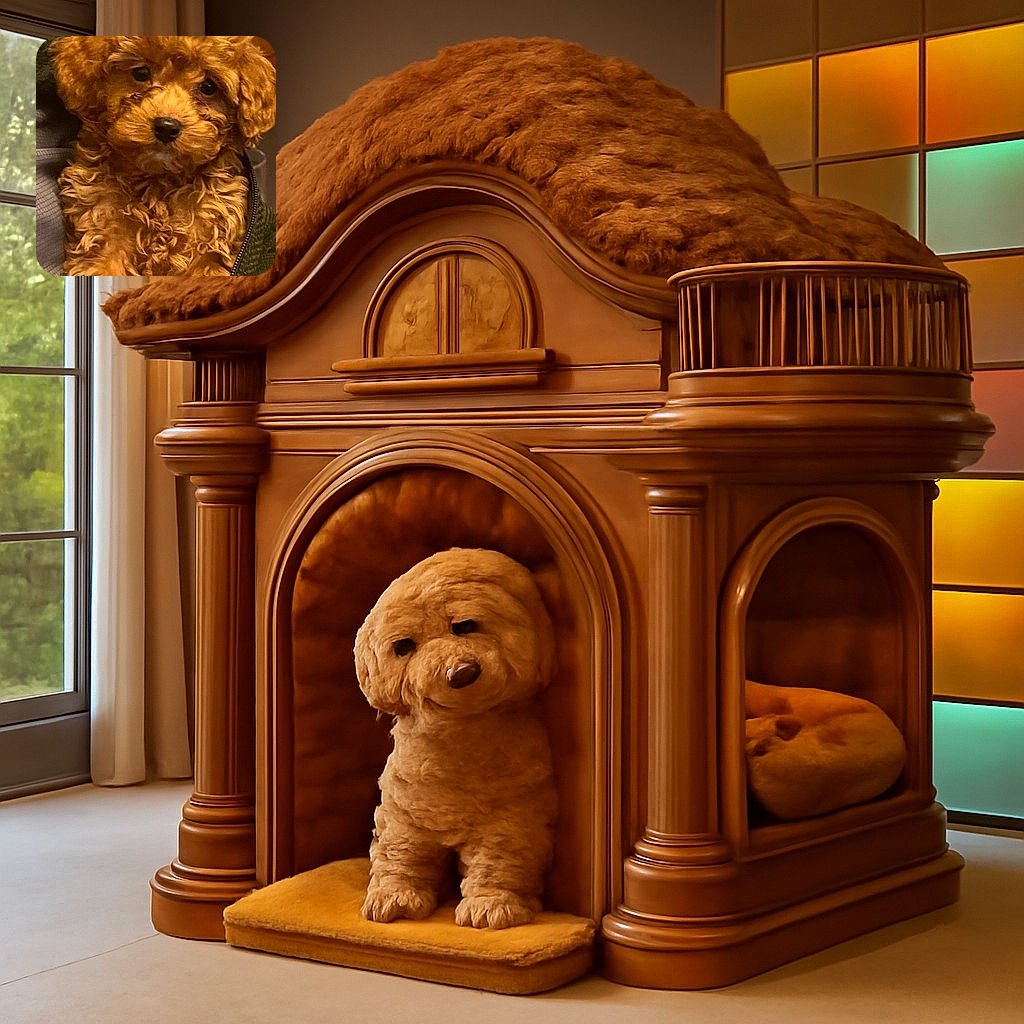 An adorable fluffy brown puppy with curly fur is nestled comfortably, looking straight at the camera with soulful eyes. The cozy setting and warm lighting highlight the pup's soft texture, making it look like the perfect cuddle buddy.