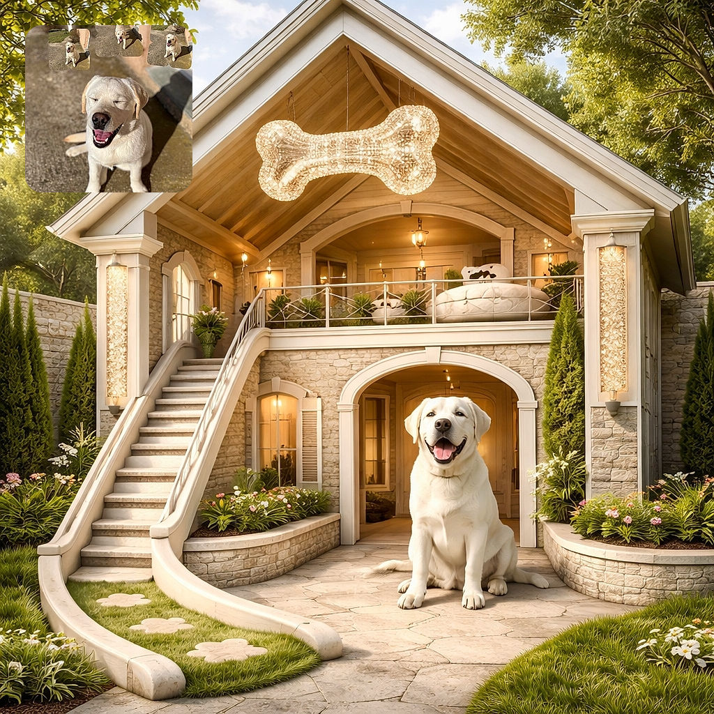 A sun‑soaked labrador grins with eyes squeezed shut like it just heard the best joke while sitting on a concrete patch; three tiny collage snapshots float above like its past lives as a sidewalk model, and a playful white doodle trails across the top.