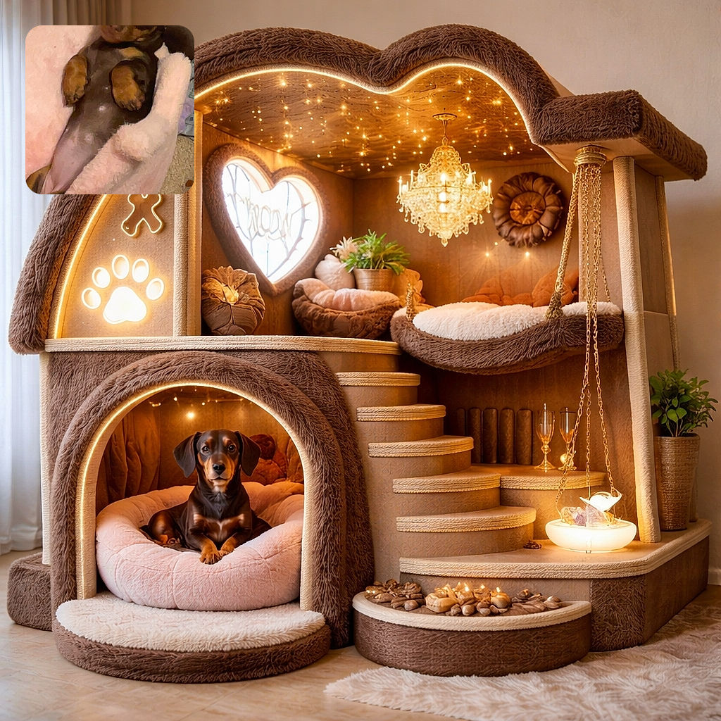 A tiny puppy lying on its back in a fluffy pink bed, looking adorably relaxed and slightly curious, surrounded by cozy textures and soft lighting.