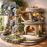 A cozy tabby cat lounges comfortably on a soft brown couch, its green eyes wide and curious, with a slightly tilted head that screams 'Did you just say treats?'. The background features casual household items, adding to the relaxed home vibe.