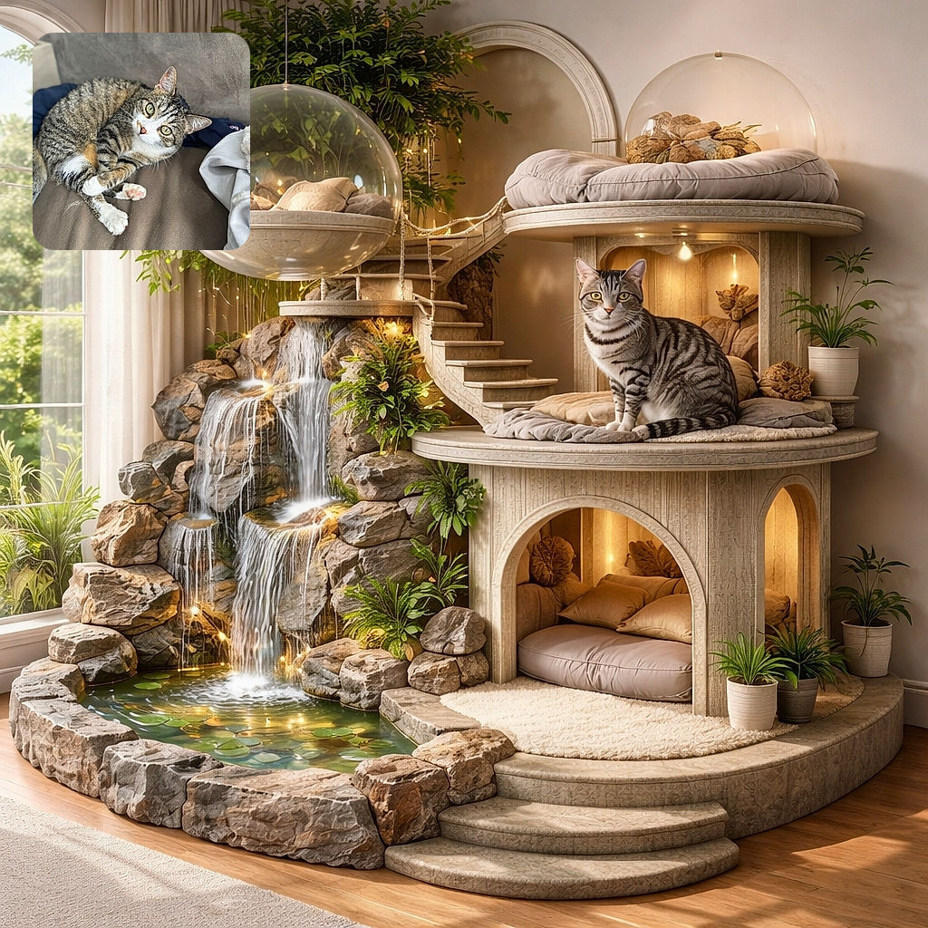 A cozy tabby cat lounges comfortably on a soft brown couch, its green eyes wide and curious, with a slightly tilted head that screams 'Did you just say treats?'. The background features casual household items, adding to the relaxed home vibe.