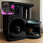 A close-up shot of a sleepy black puppy cozily wrapped in a vibrant pink fabric, capturing the soft texture of its fur and the peacefulness of a nap.