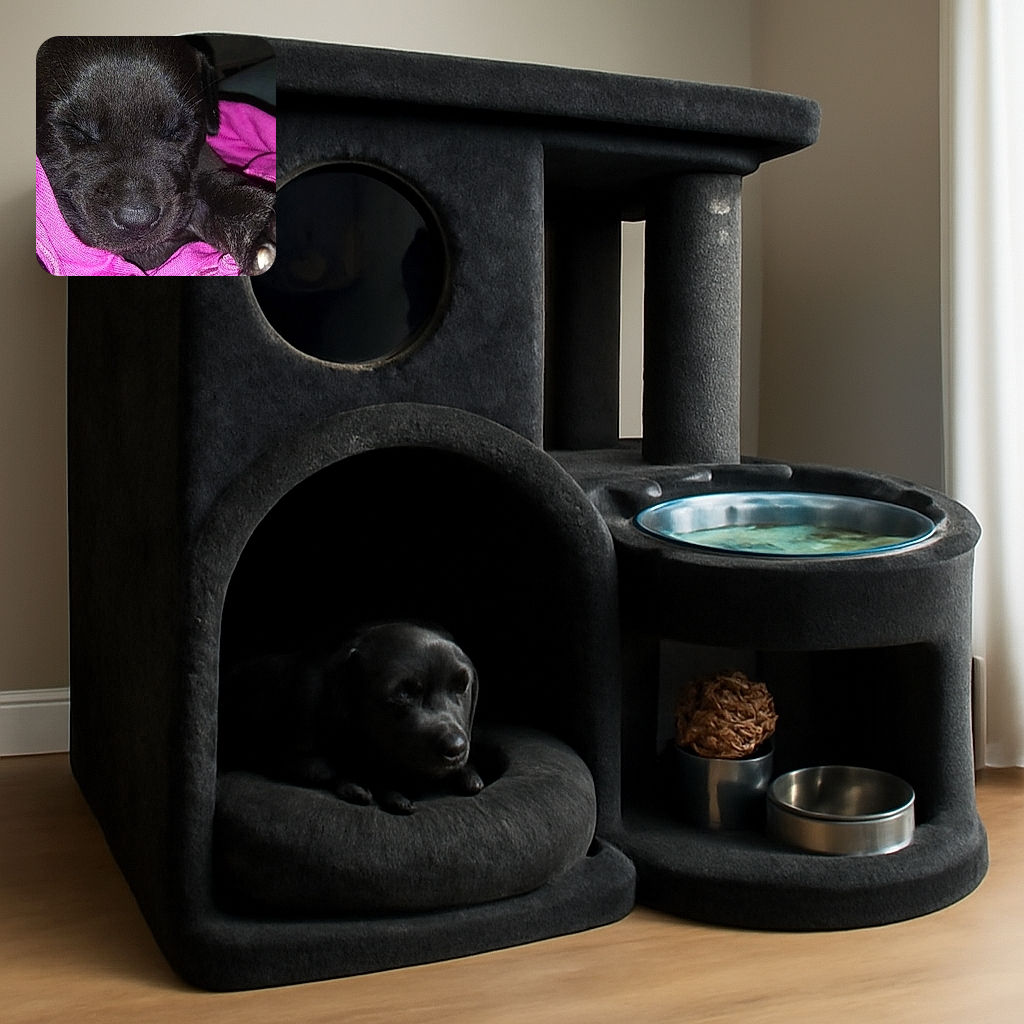 A close-up shot of a sleepy black puppy cozily wrapped in a vibrant pink fabric, capturing the soft texture of its fur and the peacefulness of a nap.