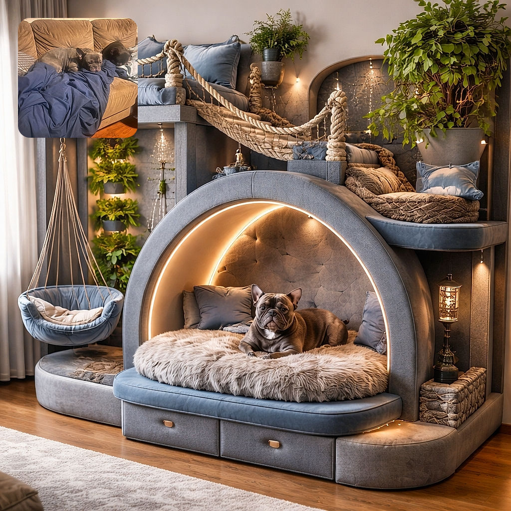 Two squat, grumpy-looking Frenchie-type dogs sprawled across a blue blanket on a well-worn couch — one stares off like a tiny velvet bouncer while the other naps face-first into the covers. Cozy living-room vibes, warm lamp light, and a blanket that has clearly surrendered its territory to canine rule.