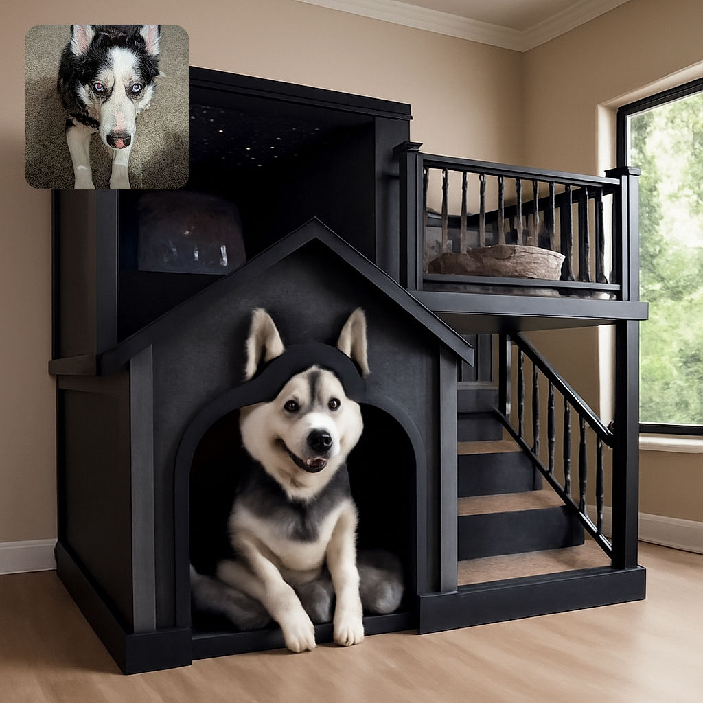 A close-up photo of a striking black and white dog with heterochromia, one blue eye and one brown eye, lying on a carpet and looking intently at the camera with a curious expression.