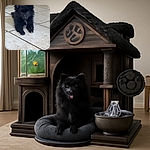 A fluffy black puppy with a tiny white patch on its chest lies adorably on a tiled floor, looking curiously at the camera with bright, shiny eyes. The background shows some household items and a paper bag, creating a cozy indoor scene.
