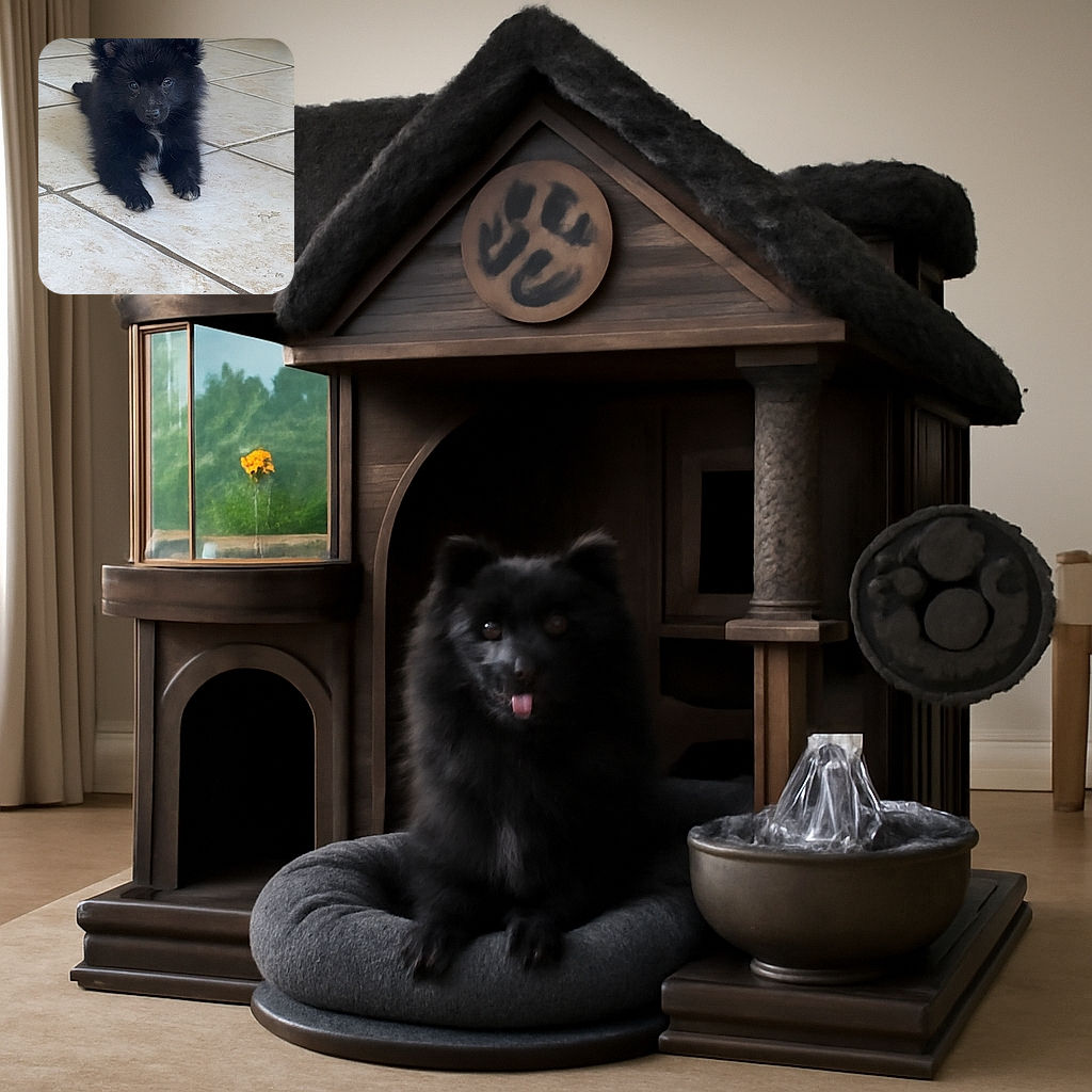 A fluffy black puppy with a tiny white patch on its chest lies adorably on a tiled floor, looking curiously at the camera with bright, shiny eyes. The background shows some household items and a paper bag, creating a cozy indoor scene.