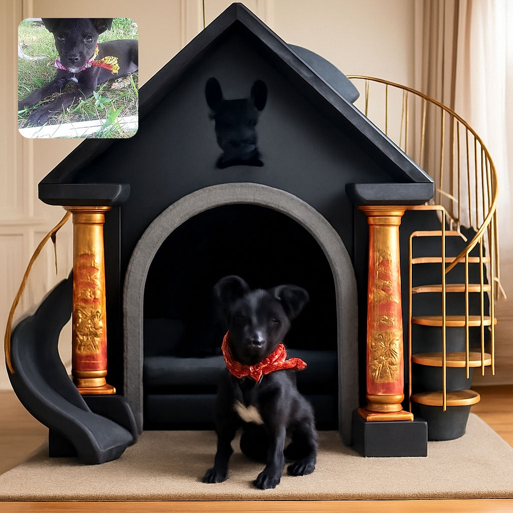 A curious black puppy with shiny eyes lounges on the grass, wearing a colorful, slightly frayed bandana, looking ready for an outdoor adventure or a playful nap under the chair.