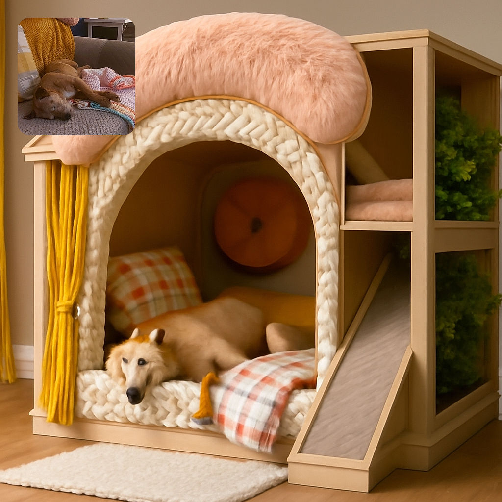 A cozy scene featuring a small brown dog peacefully napping on a textured beige couch, partially covered by a colorful crocheted blanket. The background shows a warm, homey setting with cushions, a mustard yellow throw, and a shelf filled with various items, all bathed in soft, natural light.