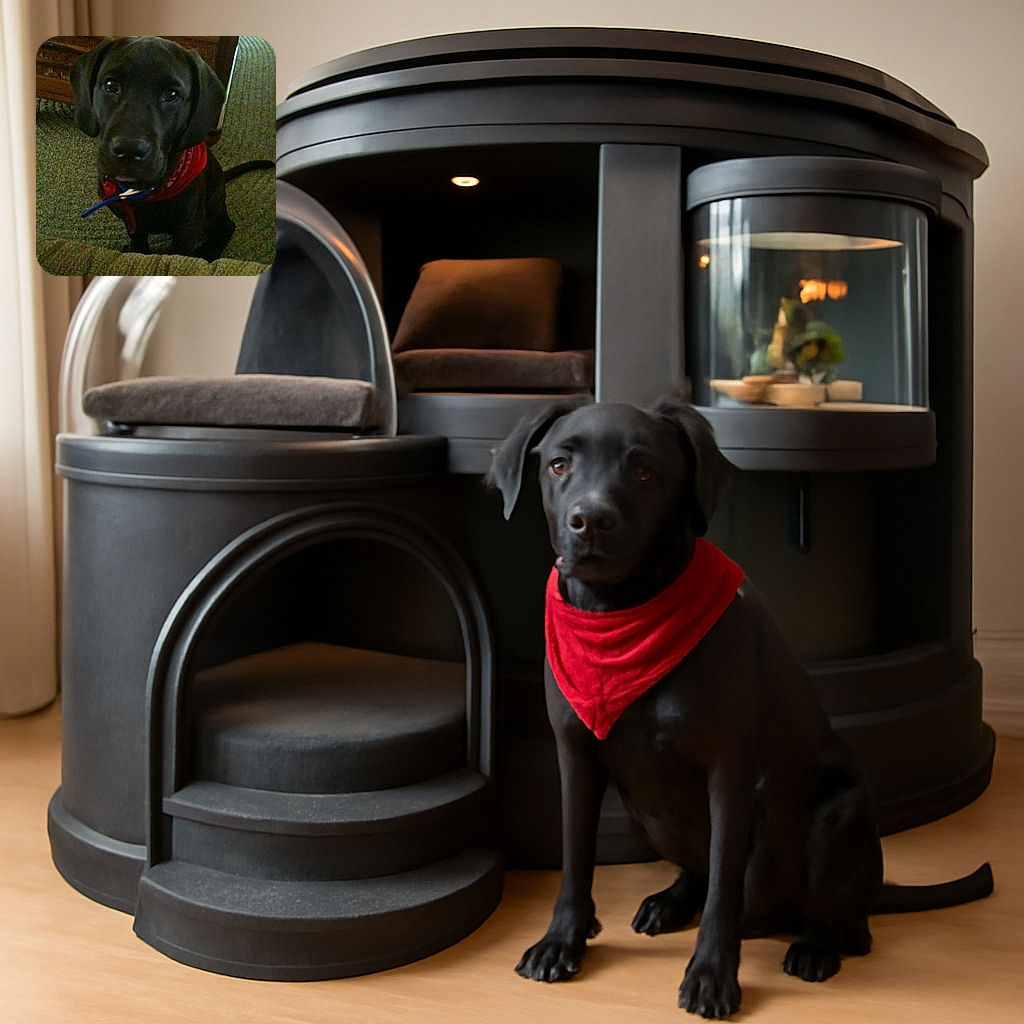 A cute black puppy with soulful eyes sitting indoors on a carpet, wearing a red bandana and playfully holding a blue object in its mouth, looking up with a mix of curiosity and innocence.