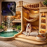 A dog is lying on a wooden floor under a piece of furniture, with a soft blue light casting a gentle glow on its face, giving it a mysterious yet calm vibe.