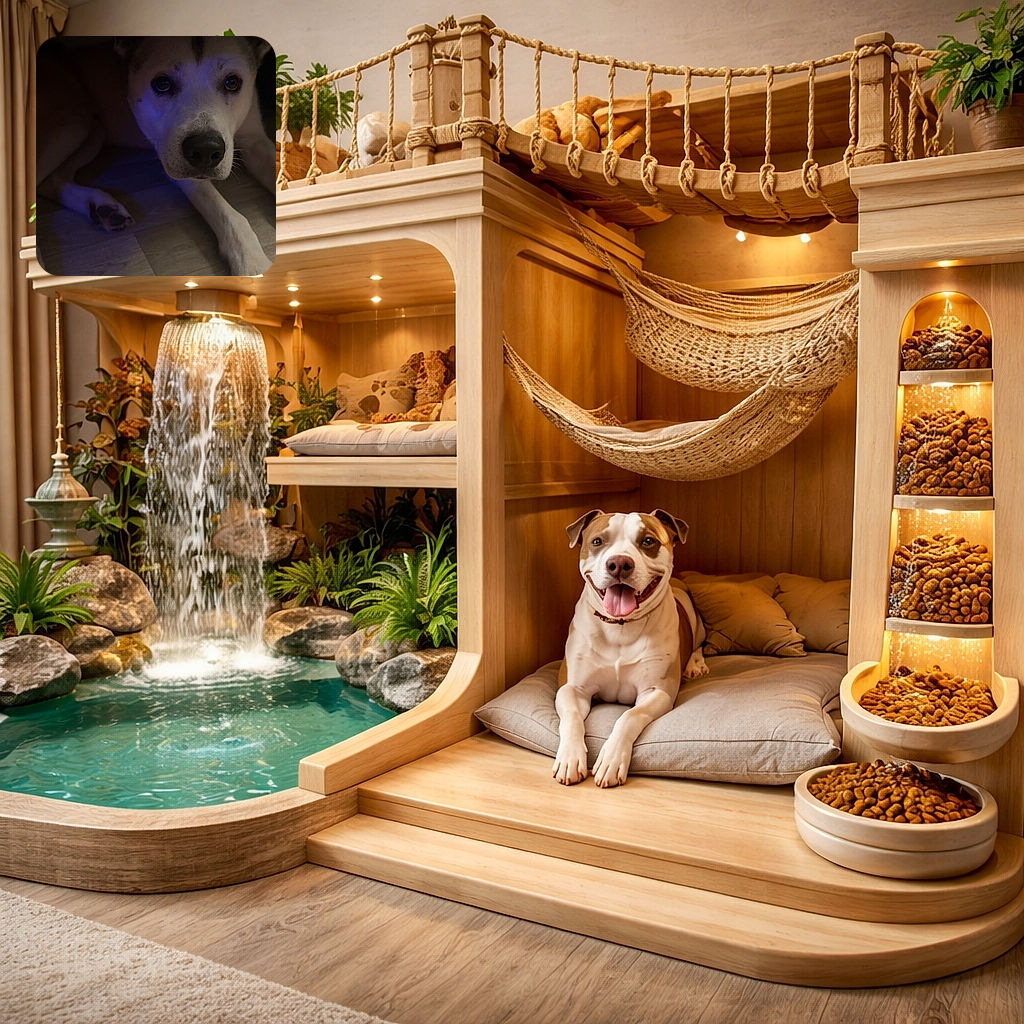 A dog is lying on a wooden floor under a piece of furniture, with a soft blue light casting a gentle glow on its face, giving it a mysterious yet calm vibe.