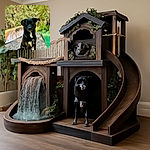 A charming black dog with a white chest patch sits attentively on a rocky ledge beside a vibrant turquoise stream surrounded by lush green foliage, looking ready for an outdoor adventure.