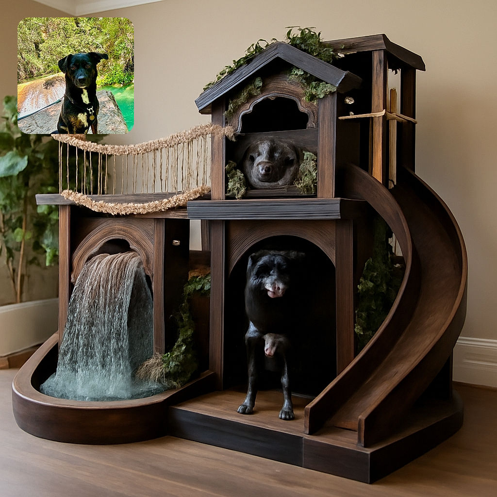 A charming black dog with a white chest patch sits attentively on a rocky ledge beside a vibrant turquoise stream surrounded by lush green foliage, looking ready for an outdoor adventure.