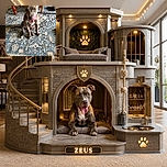 A delighted puppy sits proudly on an ornate patterned rug, tongue curled up like it just told the world's funniest joke. A billiard table, slipper, and leash complete the cozy indoor scene.