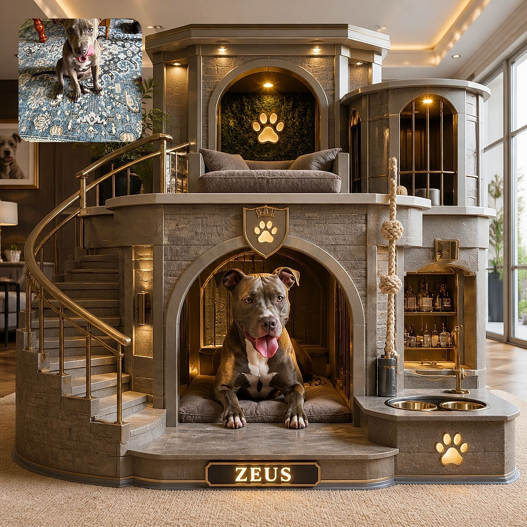 A delighted puppy sits proudly on an ornate patterned rug, tongue curled up like it just told the world's funniest joke. A billiard table, slipper, and leash complete the cozy indoor scene.