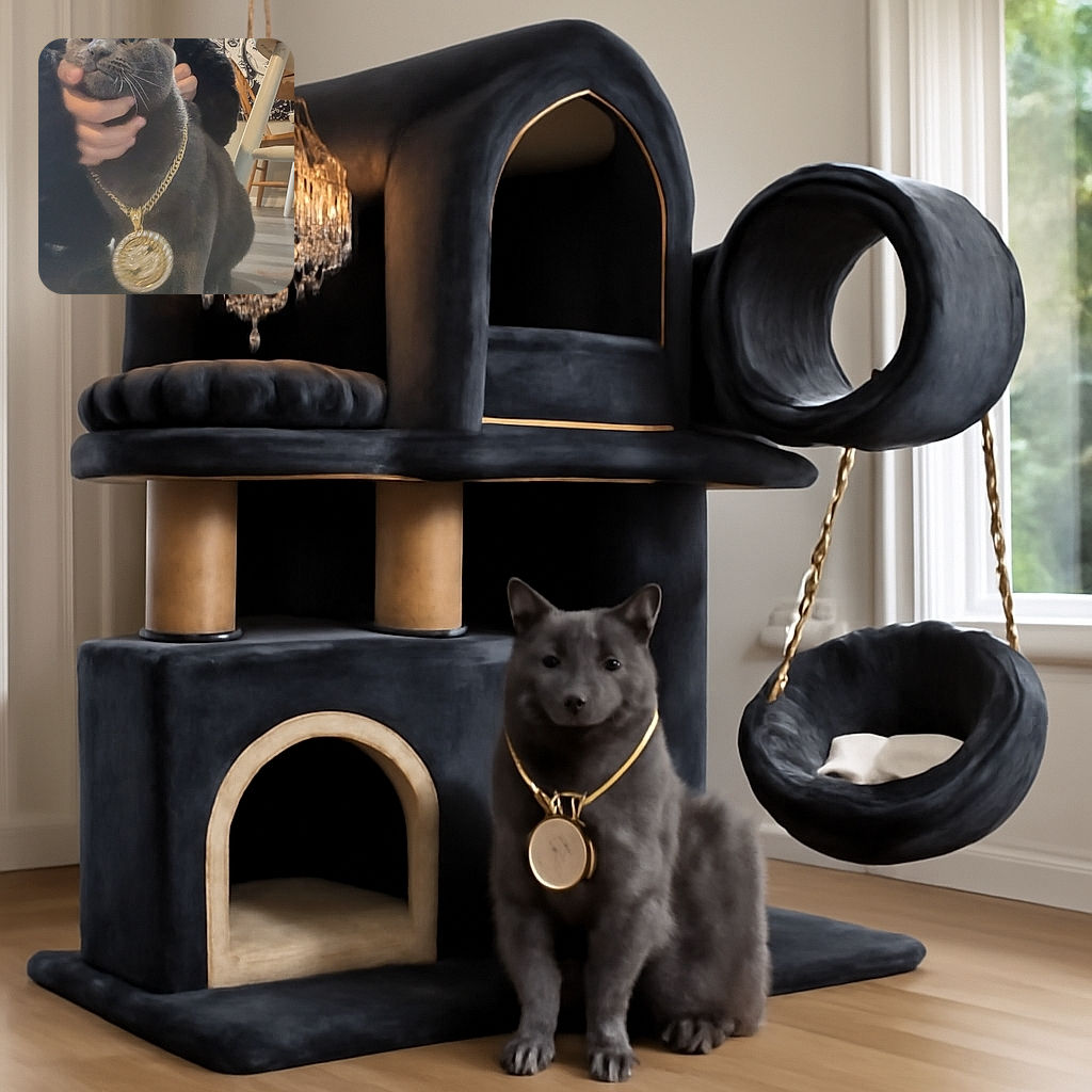 A regal gray cat wearing a large gold chain pendant is being gently held by a person dressed in black. The cat looks calm and slightly unimpressed, set against a cozy indoor background with a sun and moon tapestry and wooden furniture.