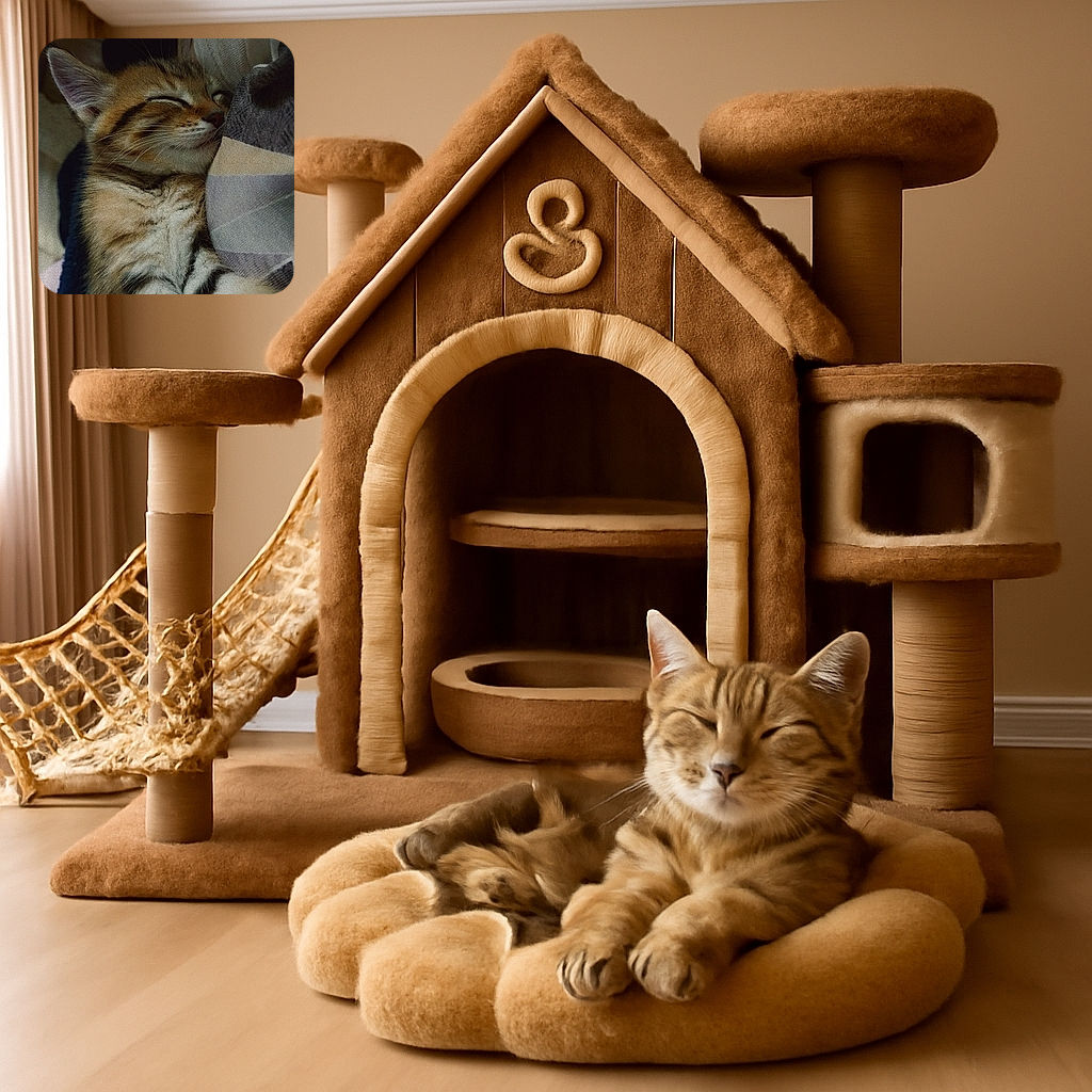 A cozy tabby kitten is peacefully snoozing nestled against a soft, striped blanket, its tiny paws curled up as if dreaming of endless treats and warm naps.