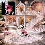 A small dog dressed in a pink dress sits against a black background, looking off to the side with a curious expression. The lighting highlights the dog's white fur and black patches, while the pink dress adds a cute and playful touch.