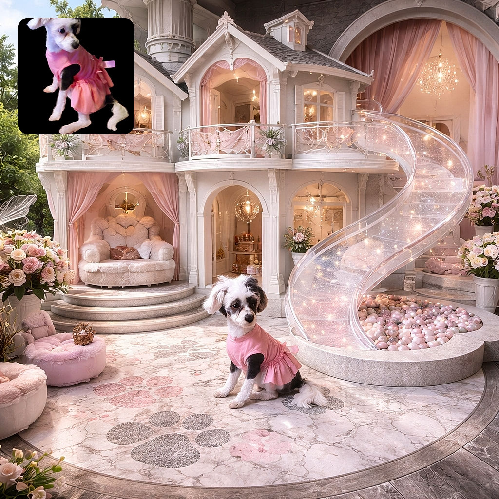 A small dog dressed in a pink dress sits against a black background, looking off to the side with a curious expression. The lighting highlights the dog's white fur and black patches, while the pink dress adds a cute and playful touch.