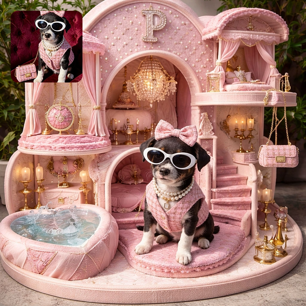A tiny fashionista pup lounges on a plush velvet chair wearing white oval sunglasses, a pink tweed bow and vest, pearl necklaces and a matching mini handbag — utterly unimpressed but exquisitely accessorized.