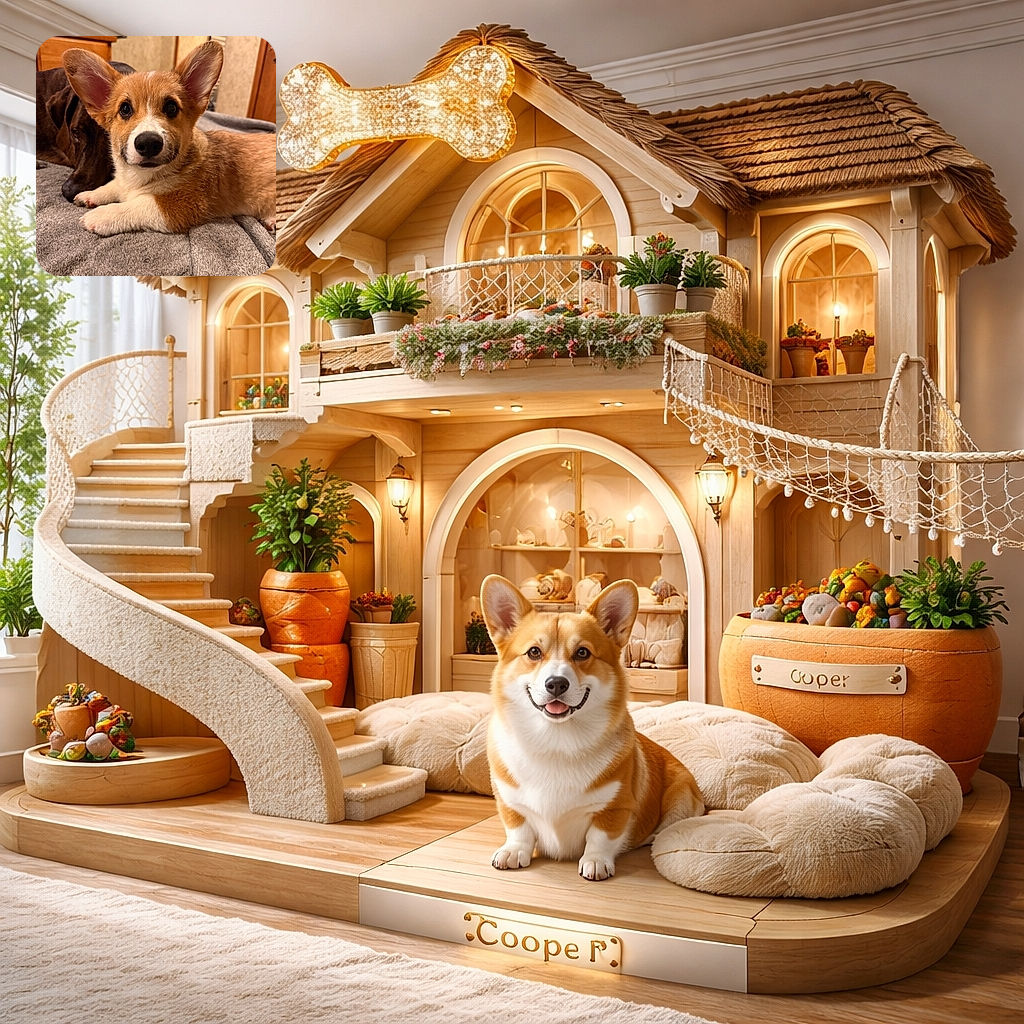 A charming close-up of a fluffy corgi puppy lying on a cozy gray blanket with a calm brown dog resting behind it, creating a warm and peaceful indoor scene.