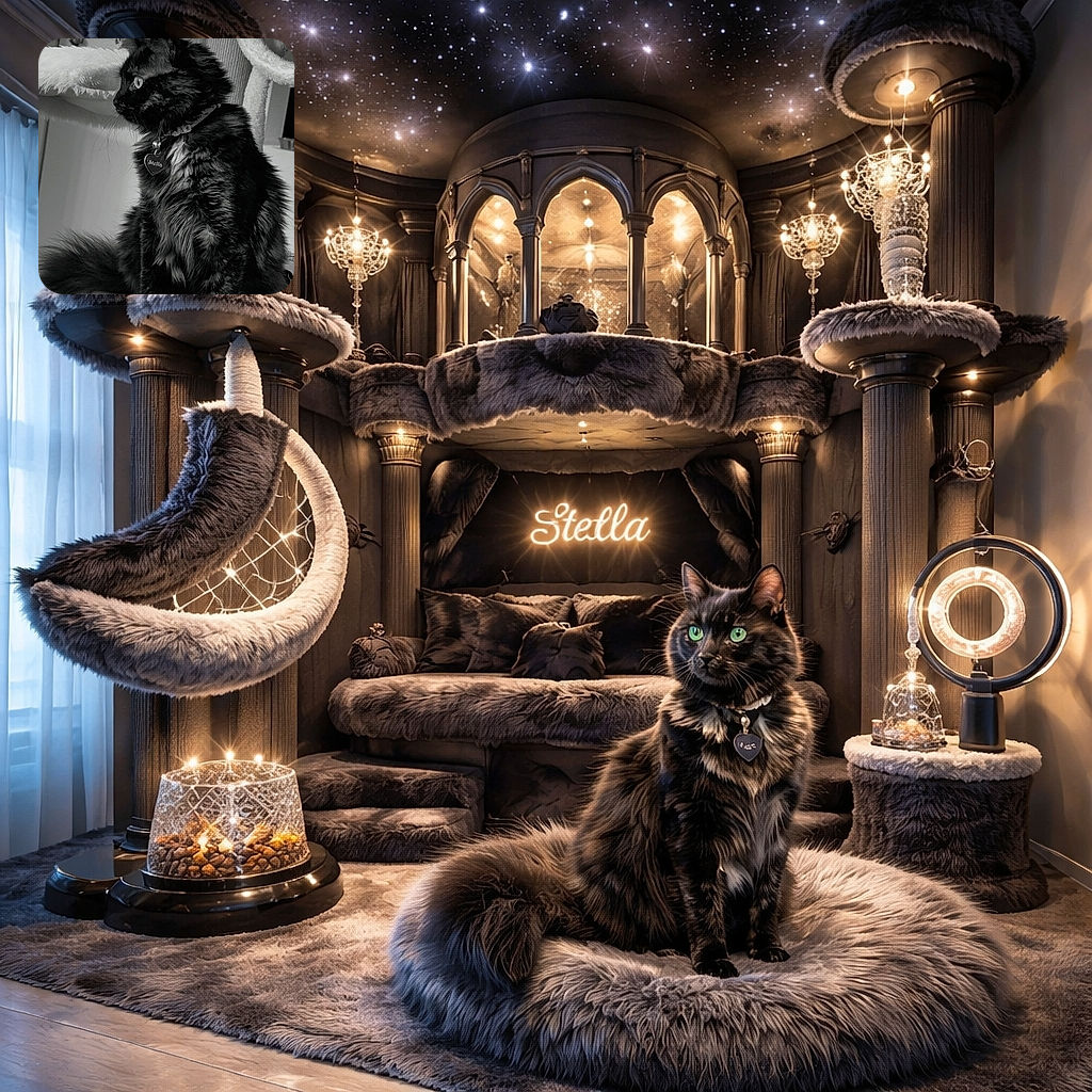 A fluffy cat named Stella sits regally on a soft, furry perch, staring intently to the side as if plotting world domination or just waiting for dinner. The monochrome effect adds a timeless, classic vibe to this feline portrait.