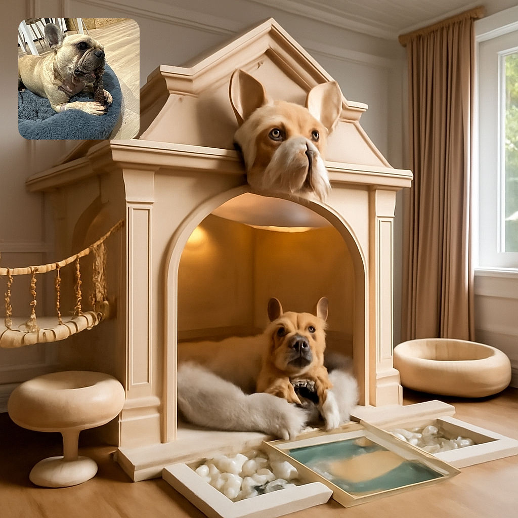 A charming French Bulldog lounges comfortably on a plush gray pet bed, intensely chewing on a dark, textured chew toy. The cozy indoor setting features light wooden flooring and modern white chairs in the background, creating a warm and inviting atmosphere for this determined little chewer.