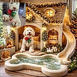 A fluffy white dog with curly fur leans on a wooden table, holding a festive red and green toy in its mouth. The dog's quirky expression and large paws with visible nails add charm, while the cozy indoor setting with warm colors completes the homely vibe.
