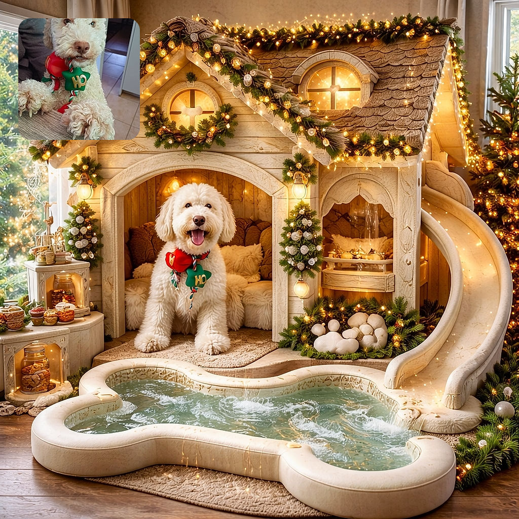 A fluffy white dog with curly fur leans on a wooden table, holding a festive red and green toy in its mouth. The dog's quirky expression and large paws with visible nails add charm, while the cozy indoor setting with warm colors completes the homely vibe.
