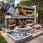 A close-up photo of a small dog wearing a red harness labeled 'ANIMAL,' looking off to the side with a slightly skeptical or unimpressed expression. The background shows a partly cloudy sky and a modern building with blue walls, giving an outdoor, casual vibe.