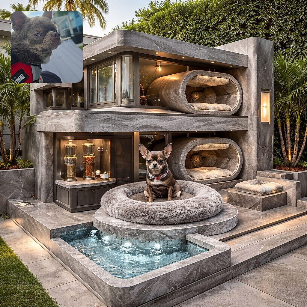 A close-up photo of a small dog wearing a red harness labeled 'ANIMAL,' looking off to the side with a slightly skeptical or unimpressed expression. The background shows a partly cloudy sky and a modern building with blue walls, giving an outdoor, casual vibe.