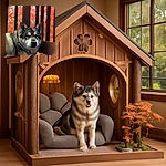 A majestic dog with a thick, fluffy coat gazes calmly beside a wooden railing, framed by the vibrant orange and red hues of autumn leaves in the background. The soft focus on the background highlights the dog's serene expression and textured fur.