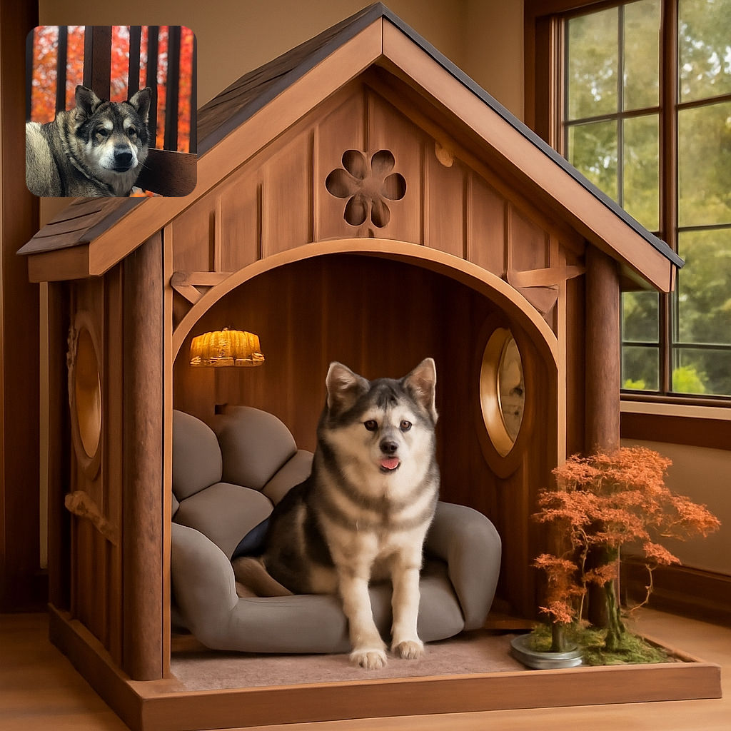A majestic dog with a thick, fluffy coat gazes calmly beside a wooden railing, framed by the vibrant orange and red hues of autumn leaves in the background. The soft focus on the background highlights the dog's serene expression and textured fur.