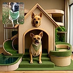 A close-up shot of a charming dog wearing a cozy green knitted scarf, sitting attentively on a grassy patch with a chain-link fence and trees in the background. The dog's expressive eyes and large ears add character to this warm outdoor portrait.