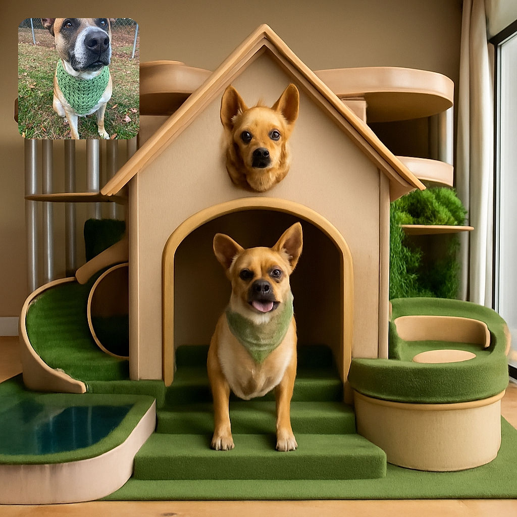 A close-up shot of a charming dog wearing a cozy green knitted scarf, sitting attentively on a grassy patch with a chain-link fence and trees in the background. The dog's expressive eyes and large ears add character to this warm outdoor portrait.