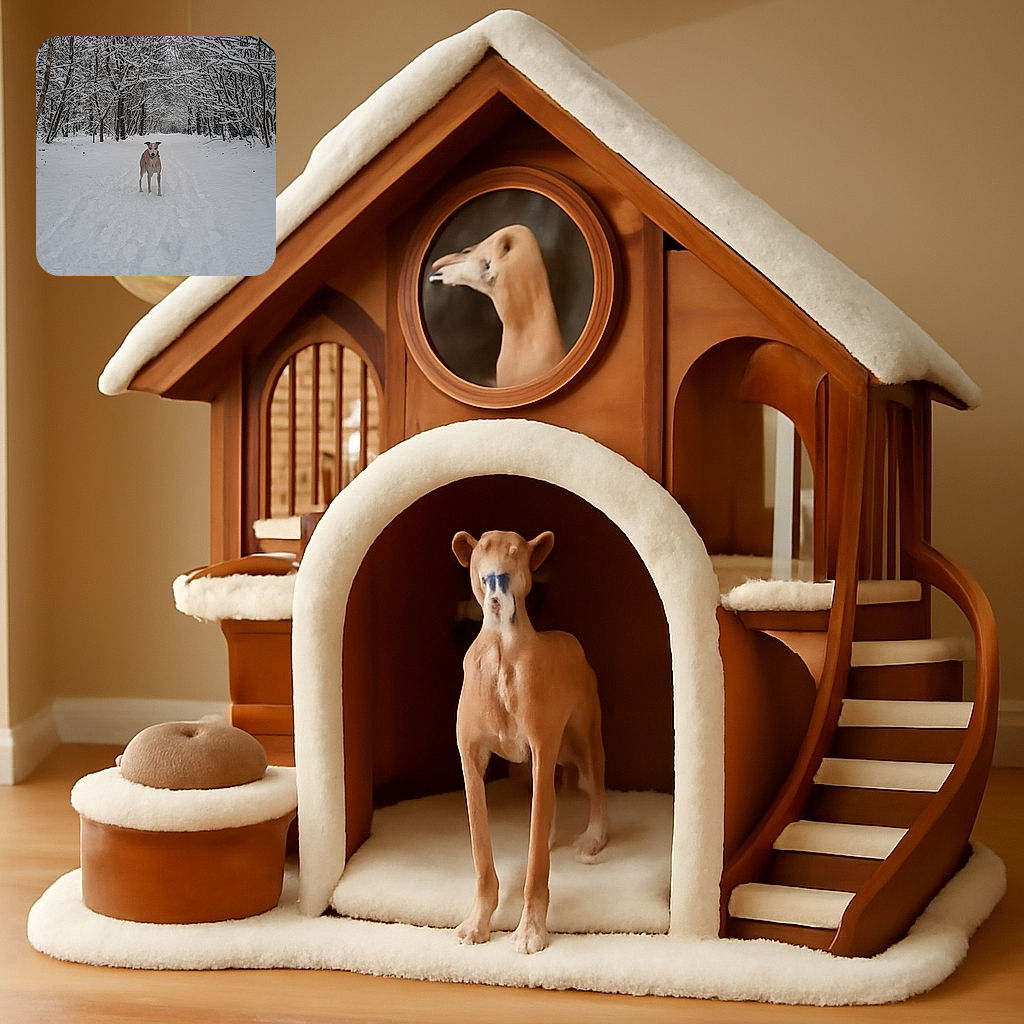 A sleek dog stands alert on a snowy path surrounded by trees heavily laden with fresh snow, creating a serene winter tunnel effect with soft natural lighting.